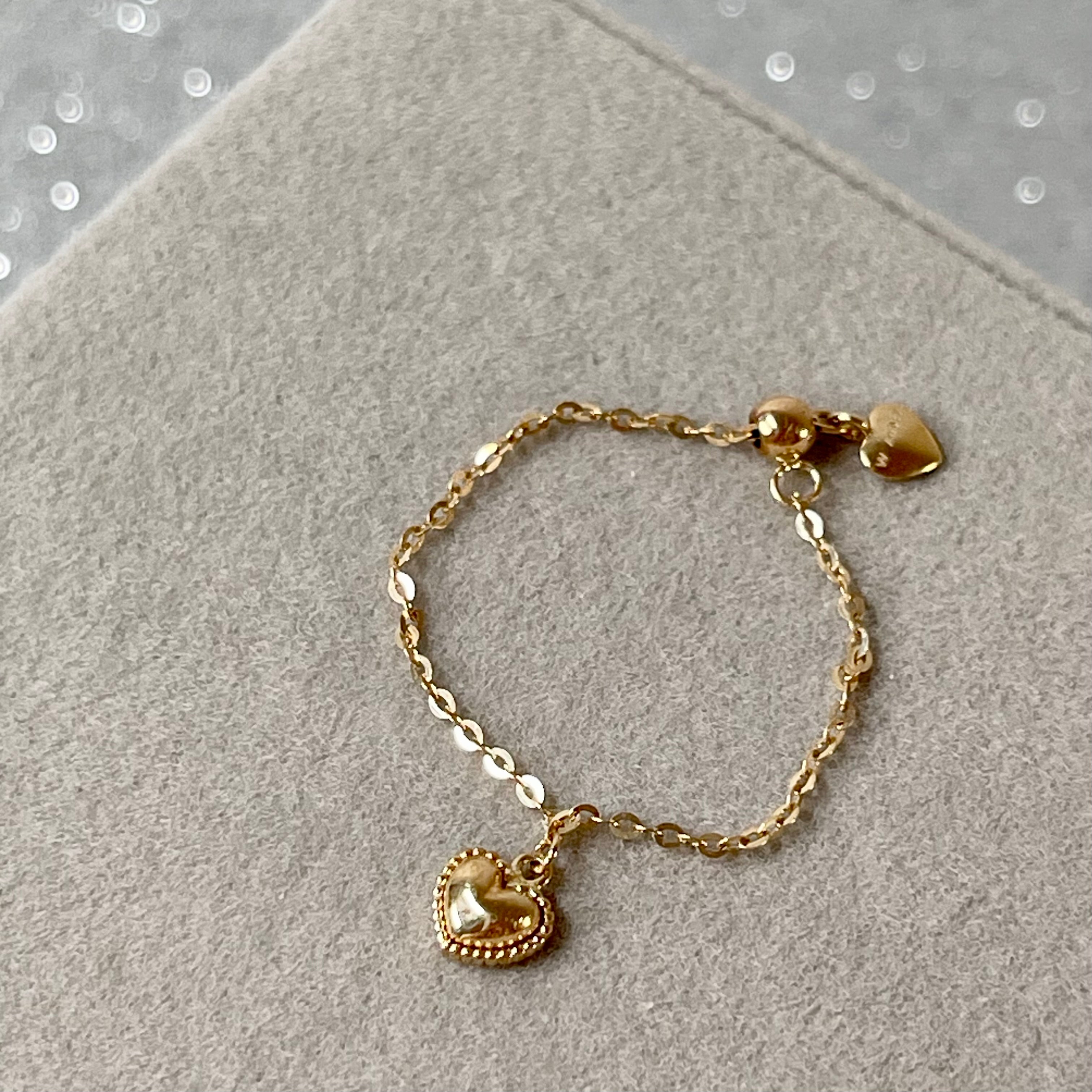 14K Love Puffed Heart Charm Dangle Chain Rings