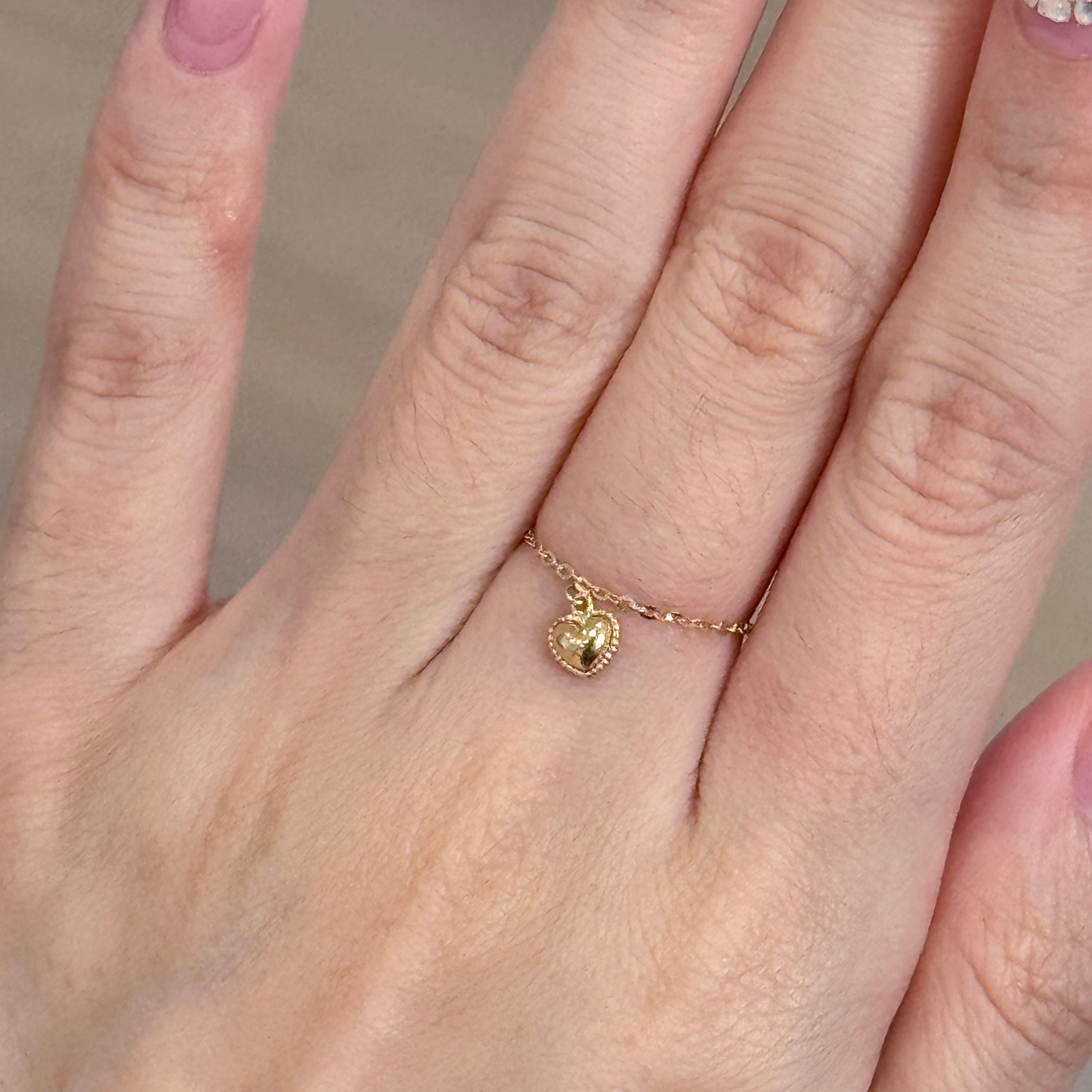 14K Love Puffed Heart Charm Dangle Chain Rings