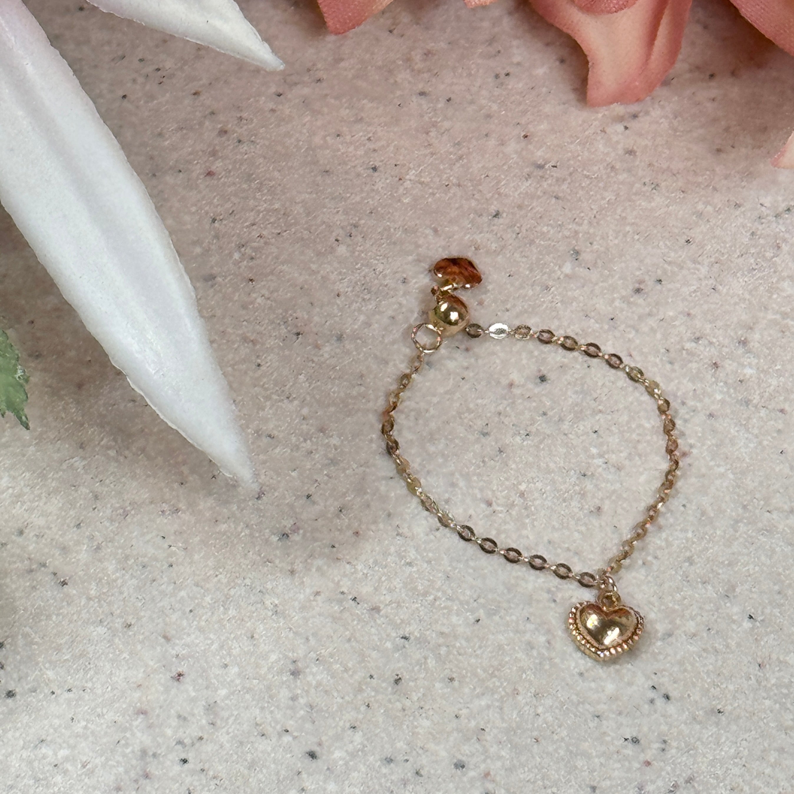 14K Love Puffed Heart Charm Dangle Chain Rings